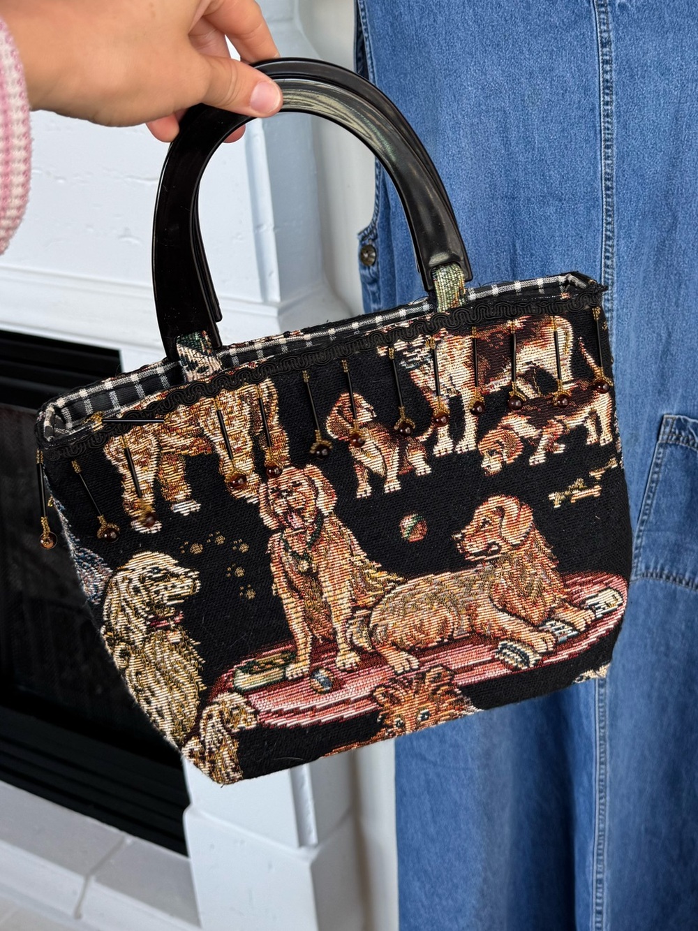 Tapestry Dog Scene Handbag with Beading & Black Handle
